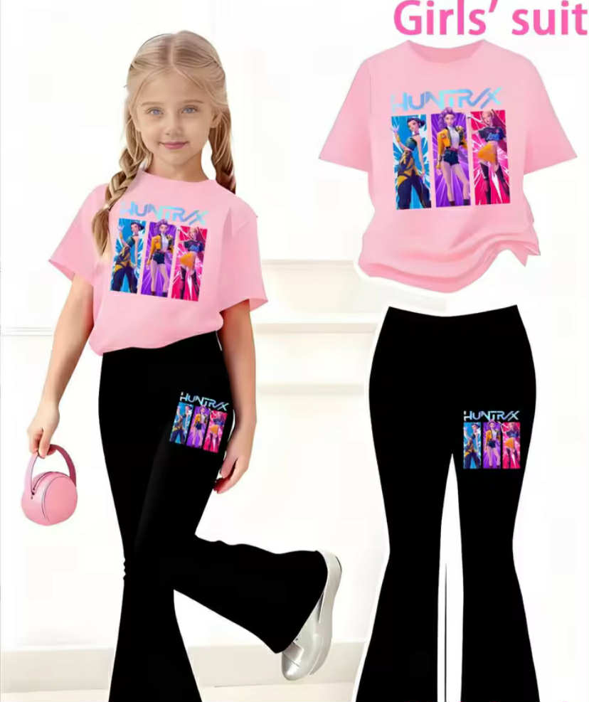 Girls' Casual Sports Short-Sleeve and Bell-Bottom Pants Set