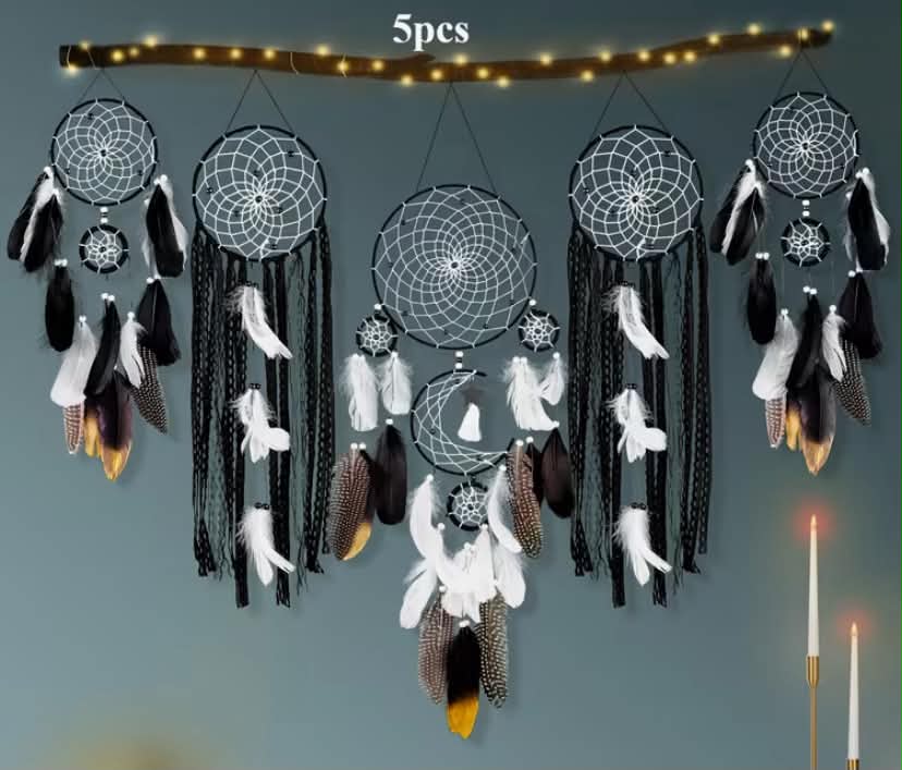 5pcs Set Handmade Bohemian Wall Dreamcatcher with Artificial Feathers - Fabric Boho Wall Hanging for Room,
