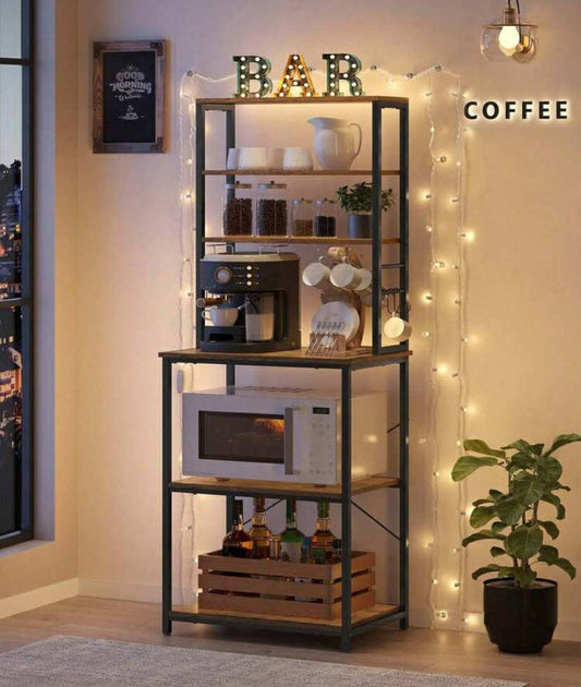 Kitchen Storage Rack, Coffee Bar, Baker's Rack, Total 6 Shelves And 6 Hooks, For Microwave