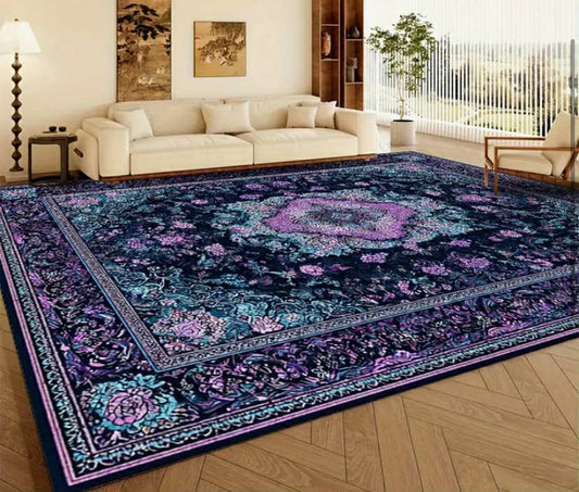 Large Thick Machine Washable Traditional Floral Carpet Navy Blue and Purple Floral Pattern, Heavy Duty Polyester Home Decor Mat for Living Room, Bedroom, Kitchen, Patio,