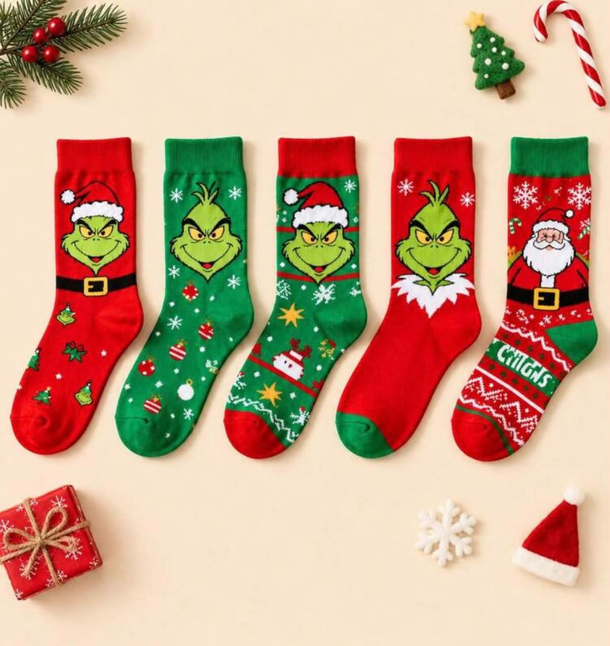 The Grinch 5 Pairs Cute Cartoon Green Monster Santa Claus Snowflake Pattern Holiday Socks, Unisex Christmas Mid-Calf Socks,