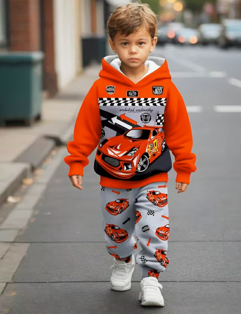 A Two-Piece Set for Boys Featuring a Car Pattern, Including a Hooded Sweatshirt And Long Pants,