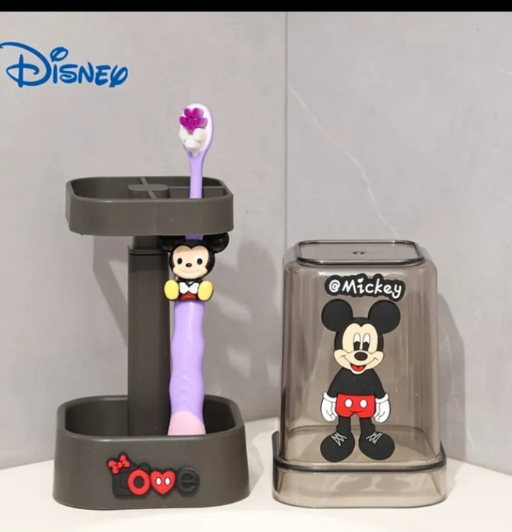 Set of 2 Disney Cute Cartoon Mickey And Minnie Toothbrush Cup Combinations for Washing - Upright Dust-Proof Mouthwash Cup with Adjustable Toothbrush Holder,