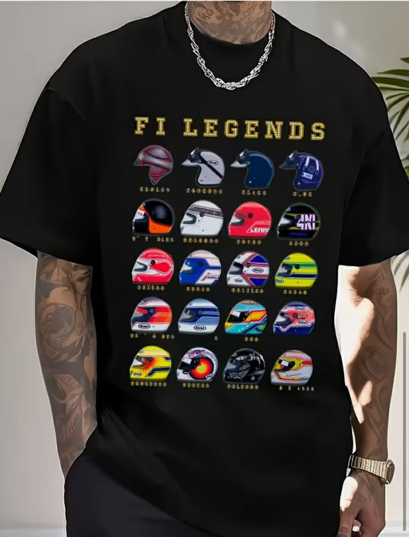 Mens Heavyweight 100 F1 Legends T-Shirt  Casual Crew Neck, Heat Transfer Print, All-season, Regular Fit, Short Sleeve