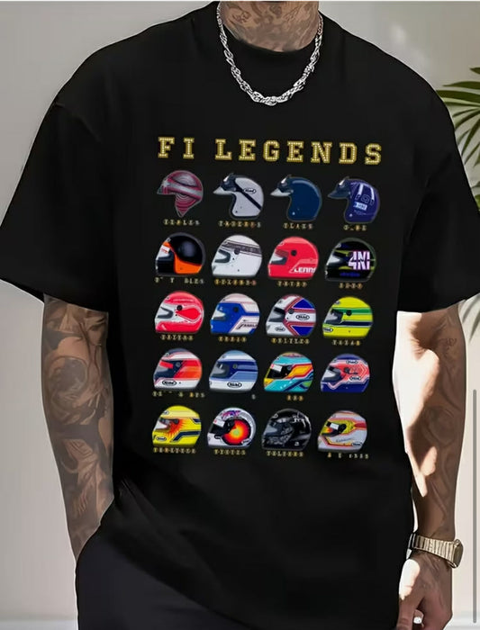 Mens Heavyweight 100 F1 Legends T-Shirt  Casual Crew Neck, Heat Transfer Print, All-season, Regular Fit, Short Sleeve