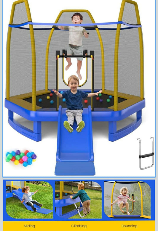 SPOTRAVEL 7FT Kids Trampoline, 3-in-1 Fitness Trampoline Set with Safety Enclosure, Slide & Ladder, Outdoor Toddler Jumping Bounce House for Yard, Garden & Gym