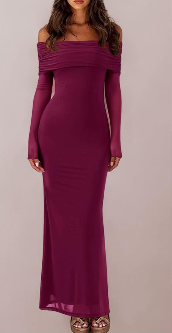 Women Off Shoulder Long Sleeve Dress Elegant Sexy Stretch Mesh Double Lined Slim Trendy Long Dresses