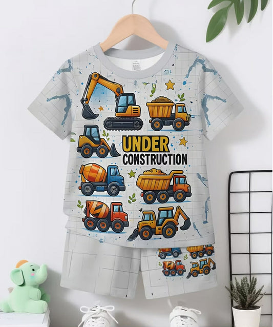2 pcs Summer New Style Baby Boy's Casual Sporty Fashion Engineering Vehicle Theme Printed Round-neck T-shirt and Shorts Set, Perfect for Outdoor