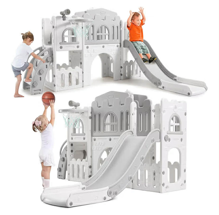 8-in-1 Toddler Climbing Frame with Slide, Toddler Slide and Climbing Frame Indoor Play Centre for 1-3 Year Olds, Kids Jungle Gym Playset with Tunnel, Basketball Hoop, Steering Wheel, Telescope