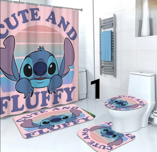 4 pcs Home Bathroom Shower Curtain And Mat Set Stitch Cute Moments -  Includes Shower Curtain, Toilet Lid Cover, Floor Mat And U-Shaped Mat  180.01X180.01Cm, with 12 Hooks