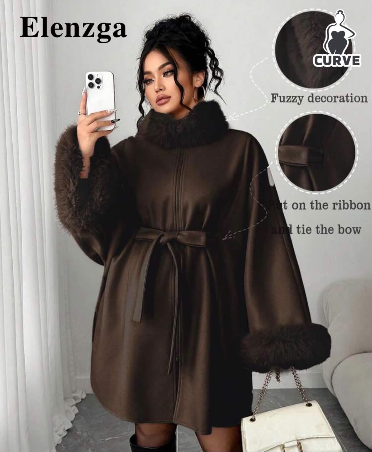 Plus Size Frayed Zipper Minimalist Fashion Drawstring Wool Blend Coat