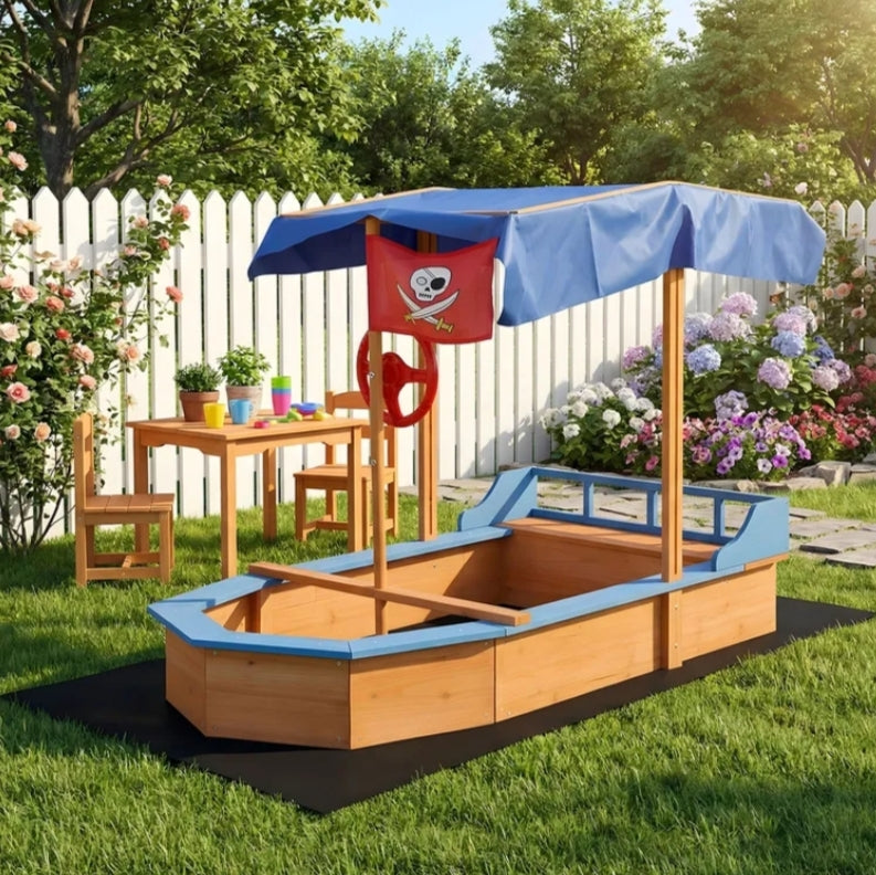 Sand pit mud box Wooden Sandbox, Pirate Ship Sandpit with Bench Seats, Hidden Storage, Flag, Rudder & Non-woven Fabric Liner, Garden Sand Pit