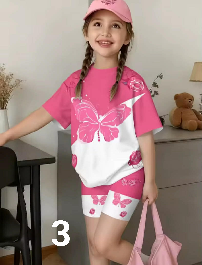 2-Piece Summer Children's Comfortable Cute Butterfly 3D Print Short Sleeve Shorts Set