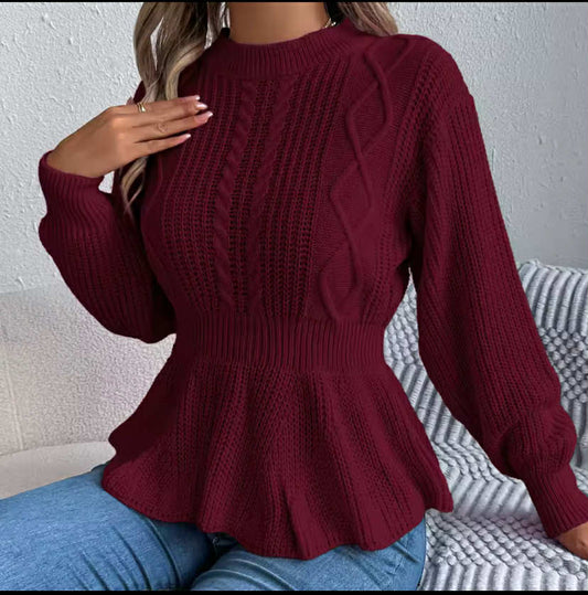 Color Twist Waist Ruffled Long Sve Pullover Sweater