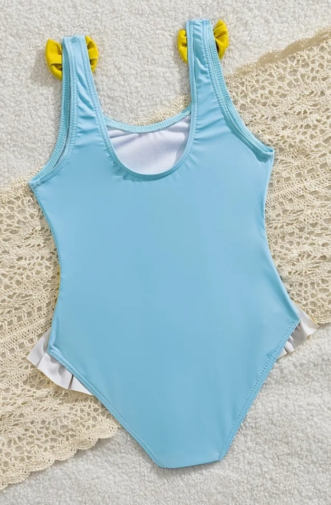 Cute Duckling Pattern Double Ruffle Bow Detail Fashion Girls' One-Piece Swimsuit