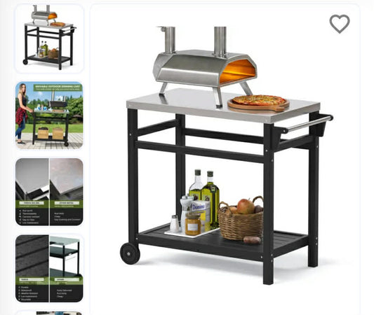 Movable Pizza Oven Trolley Outdoor Food Prep Table with Stainless Steel Top BBQ Grill Stand for Garden or Patio - Black 85.8 x 48.3 cm