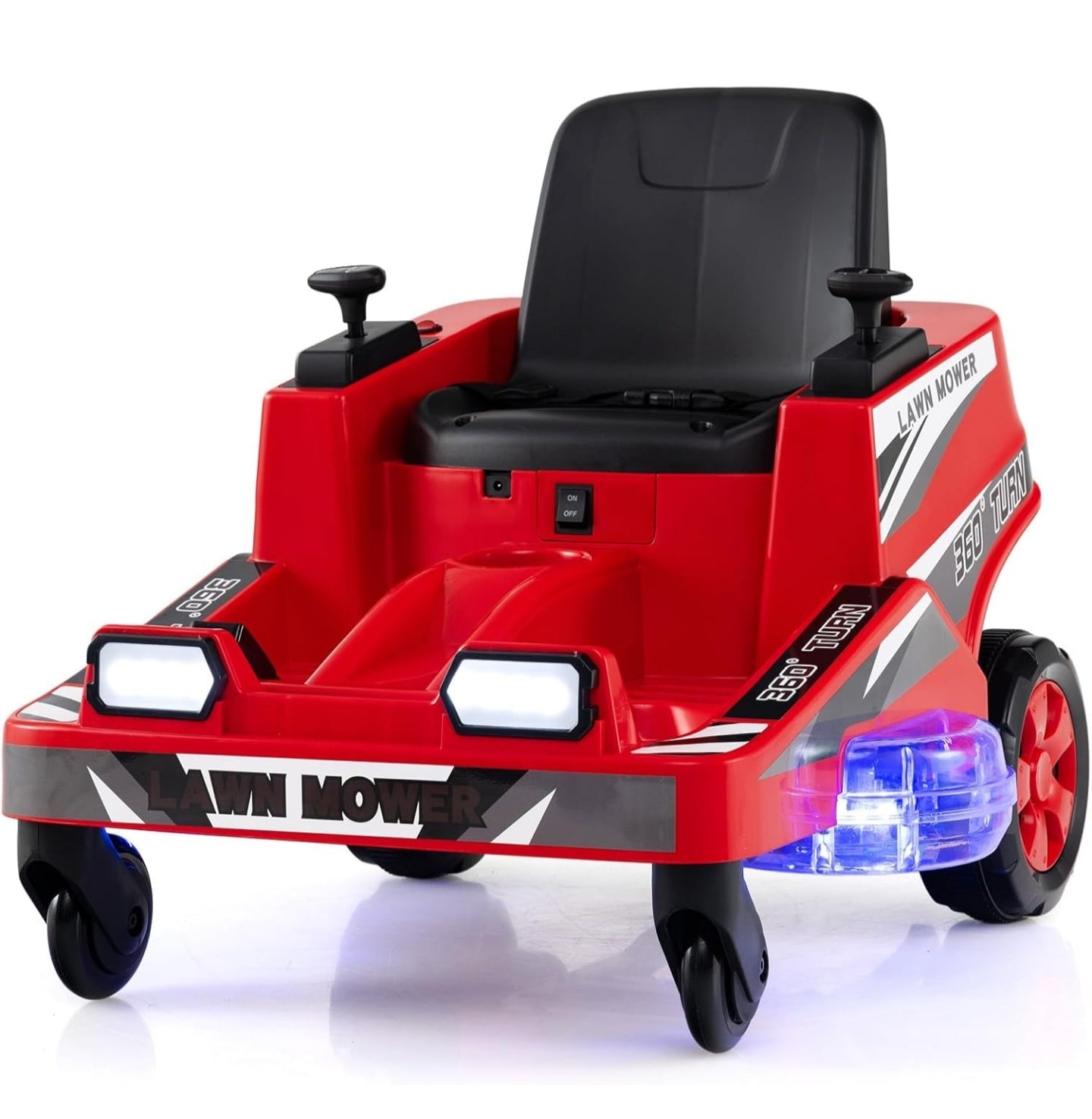 12 V Ride on Lawn Mower for Kids, 2 Motors Electric Car with 360° Twist and Turn, Dual Control Sticks, LED Lights, Outdoor Ride on Toy for 3-8 Years Old