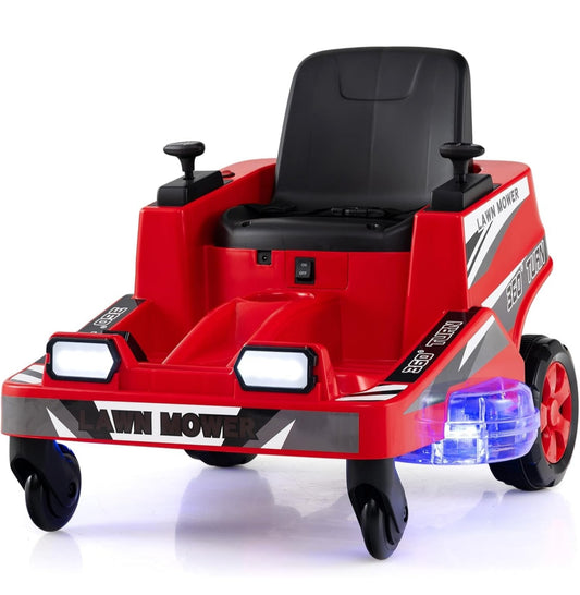12 V Ride on Lawn Mower for Kids, 2 Motors Electric Car with 360° Twist and Turn, Dual Control Sticks, LED Lights, Outdoor Ride on Toy for 3-8 Years Old