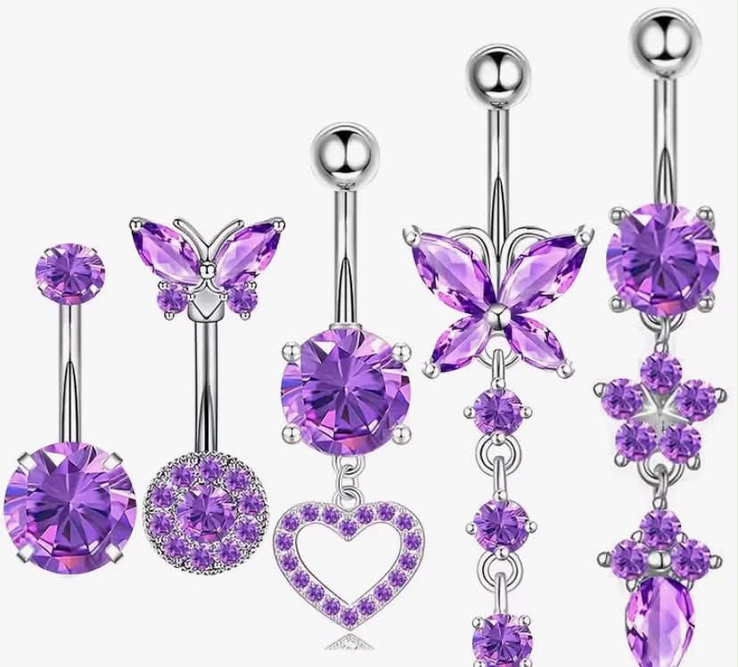 5pcs Dangle Belly Button Rings 4 Color Choose Stainless Steel Navel Piercing Jewelry for Women 14G Belly Button Piercing Butterfly Heart Dangling Belly Rings