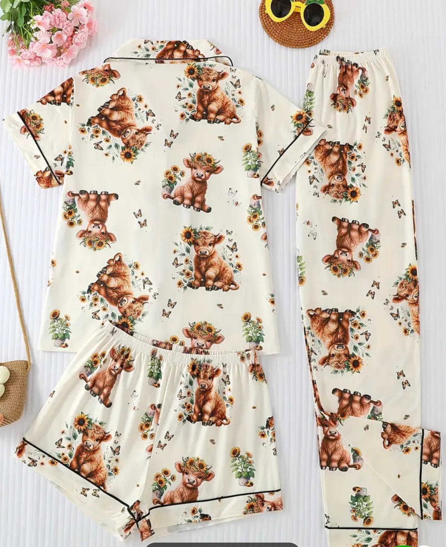 Sunflower Floral Calf Print Women's Pajama Set, Comfortable Short Sleeve Button- Shirt with Loose Elastic Waistband and Drawstring in 3 pcs Outfit for Casual Wear Indoors or Outside All Seasons