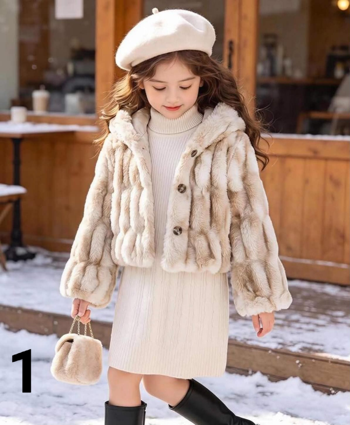 1pc Girls Soft Faux Fur Jacket, Elegant Long Sleeve Short Fitted Hooded Coat, Suitable For Autumn/Winter Girls Outfit Sets