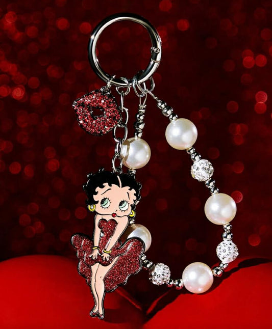 Betty Boop Cartoon Character Pattern Faux Pearl & Rhinestone Lip Decor Keychain Bag Charm
