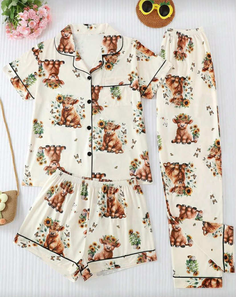 3pcs/Set Women's Cool Short Sleeve Pajamas
