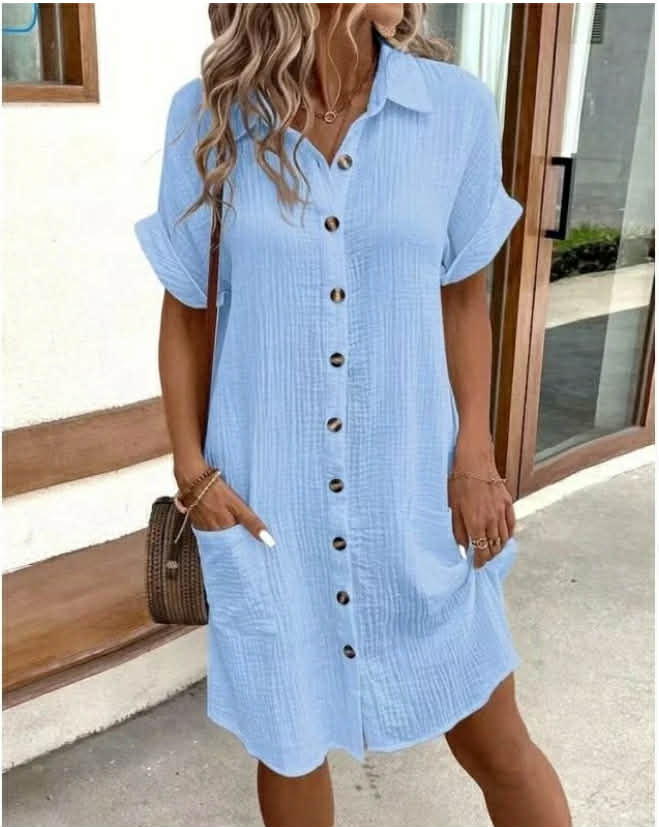 Linen Cotton Short Sleeve Shirt Dress Button Casual Dresses