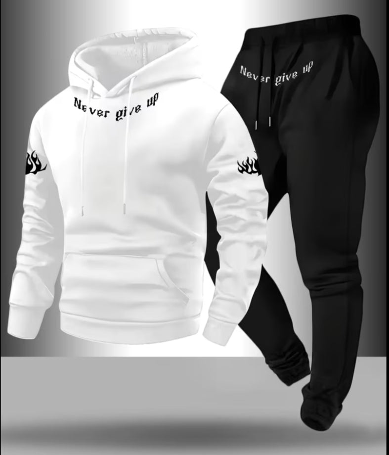 2 pcs Men'S Casual Letter Pattern Print Drawstring Pocket Hoodie And Athletic Drawstring Long Pants Matching Set