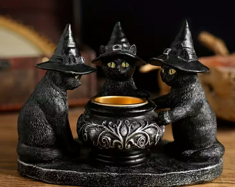 A Halloween Decoration Featuring a Wizard Cat Sculpture Made of Resin, Perfect for Festive Home Decor