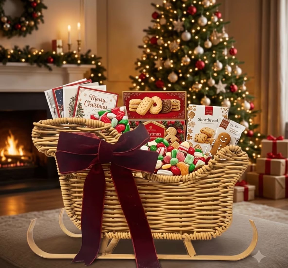 Woven Rattan Christmas Sleigh Ornament with Red Velvet Bow, Multi-functional Rattan Sleigh-Shaped Desktop