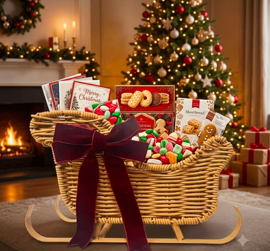 Woven Rattan Christmas Sleigh Ornament with Red Velvet Bow, Multi-functional Rattan Sleigh-Shaped Desktop