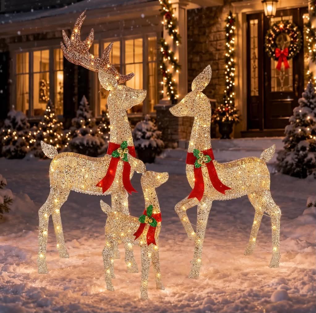 52Inch Lighted Christmas Deer Decorations Outdoor, 3D Reindeer Family Set with 146 LED Lights, Gold Christmas Yard Decorations for Lawn Garden
