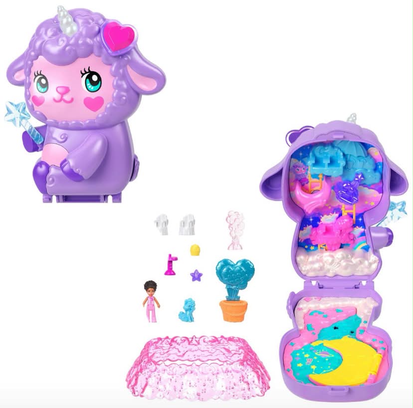 Polly Pocket Dolls & Playset, Cozy Dreamland Lamb Compact, Travel Toy with 1 Micro Doll, Pet Unicorn, Food & Fashion Styling Accessories