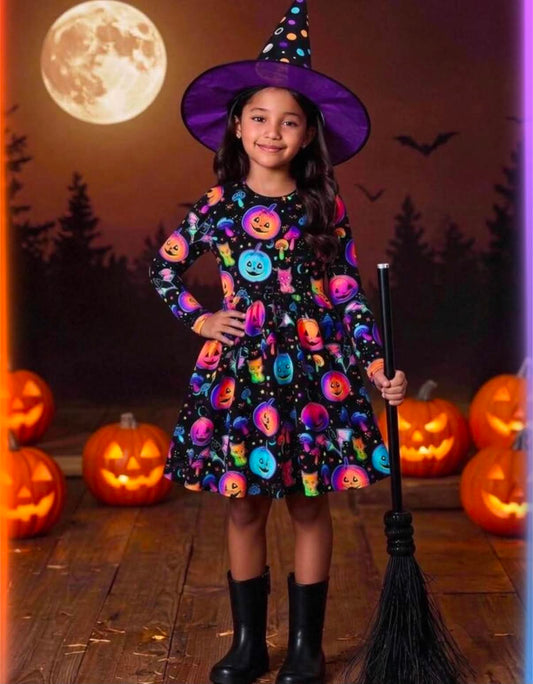 Tween Girl Casual Single Piece Fun Halloween Pattern Knit Dress, Autumn/Winter Season, Halloween Girls Dress