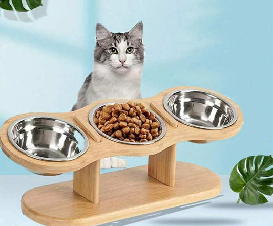 15° Tilted Elevated Cat Bowl, Anti-Vomiting Design, Adjustable Wooden Stand For Dog Bowls, 3 Stainless Steel Bowls, Suitable For Cats And Small Dogs