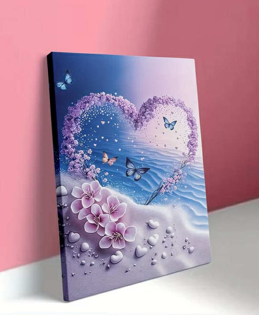 One Piece of Framed 2D Flat Canvas Artwork Featuring a Romantic Heart-Shaped Flower with Butterflies And a Beach Scene