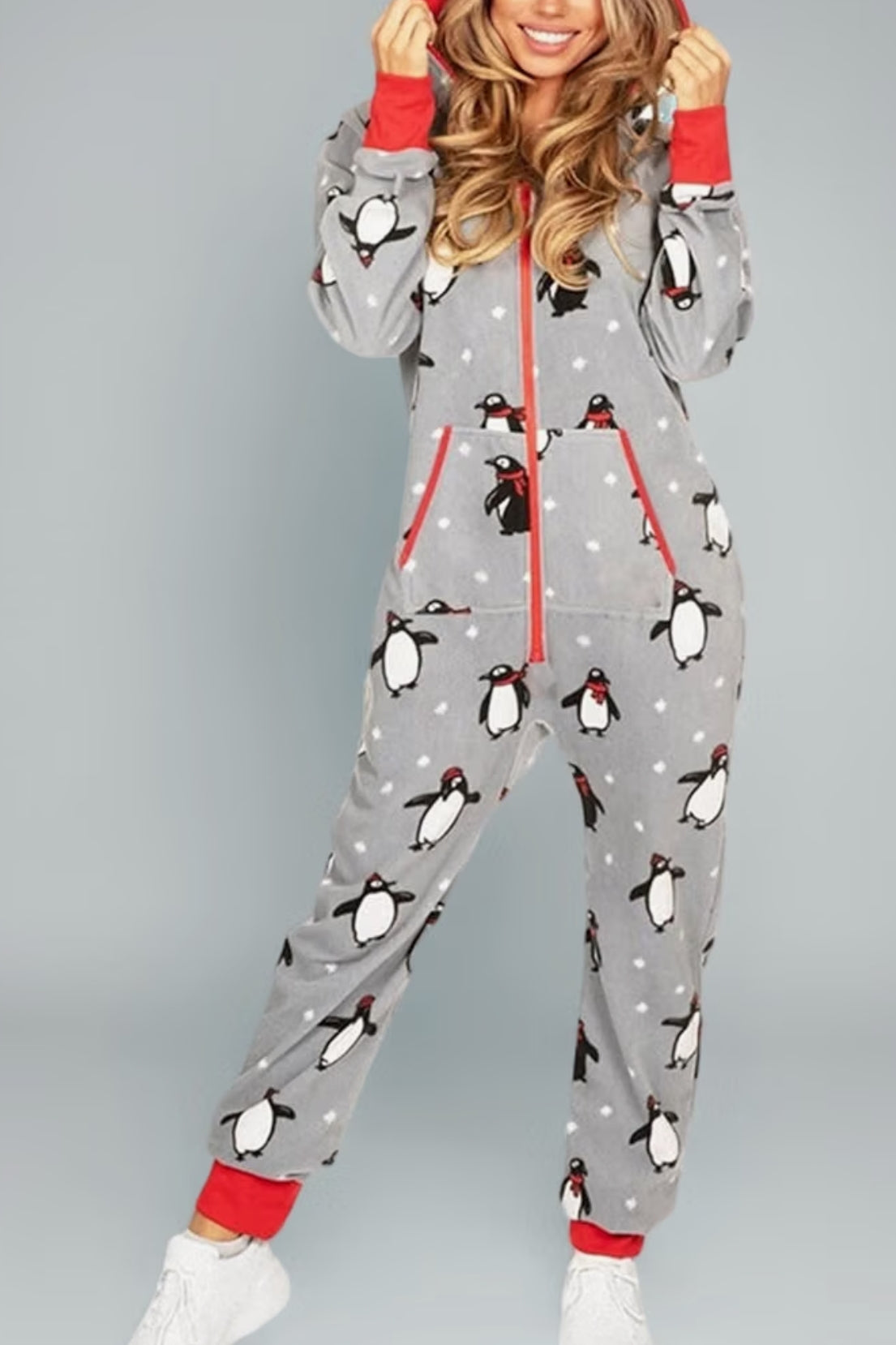 Couples Matching Christmas Pajamas Hoodie Fleece Onesie Women Men's Long Sleeve Printed Suit Full Zipper Jumpsuits with Pockets