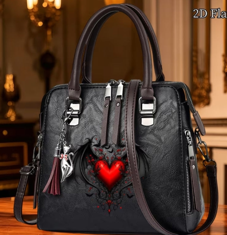 1 pc Women Handbag, Red Heart with Dark Bat Wings Pattern Women Shoulder Bag, Fashion Multi Functional Women Crossbody Bag