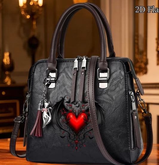 1 pc Women Handbag, Red Heart with Dark Bat Wings Pattern Women Shoulder Bag, Fashion Multi Functional Women Crossbody Bag