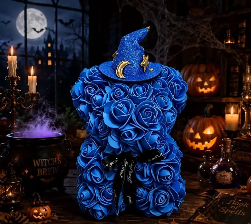 Halloween Red or Blue Rose Bear with Wizard/Witch Hat, Eerie Gothic Home Decor, Halloween Gift