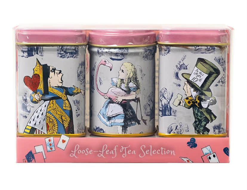 New English Teas Alice in Wonderland Pink 3x Mini Tea Tins with 3 Blends - English Breakfast, English Afternoon & Earl Grey