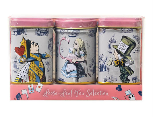 New English Teas Alice in Wonderland Pink 3x Mini Tea Tins with 3 Blends - English Breakfast, English Afternoon & Earl Grey