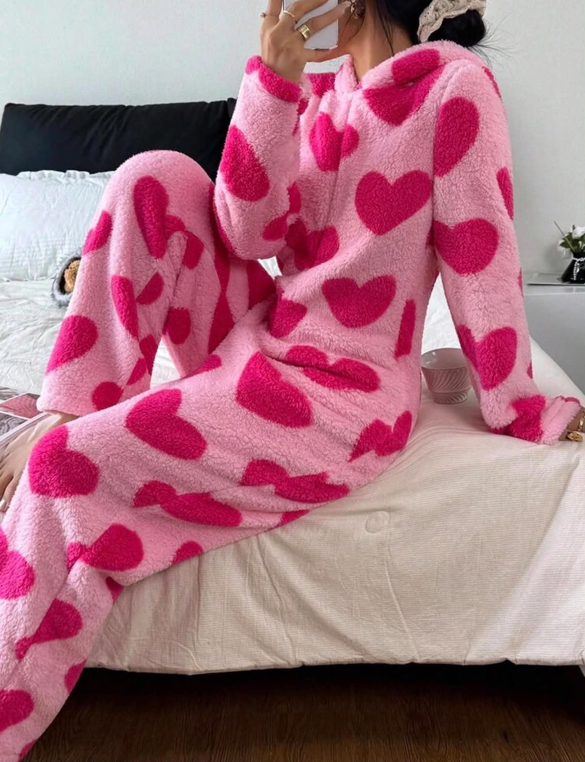 Nora Wilde Heart Print Hooded Long Sleeve Plush Fluffy Pajama Jumpsuit