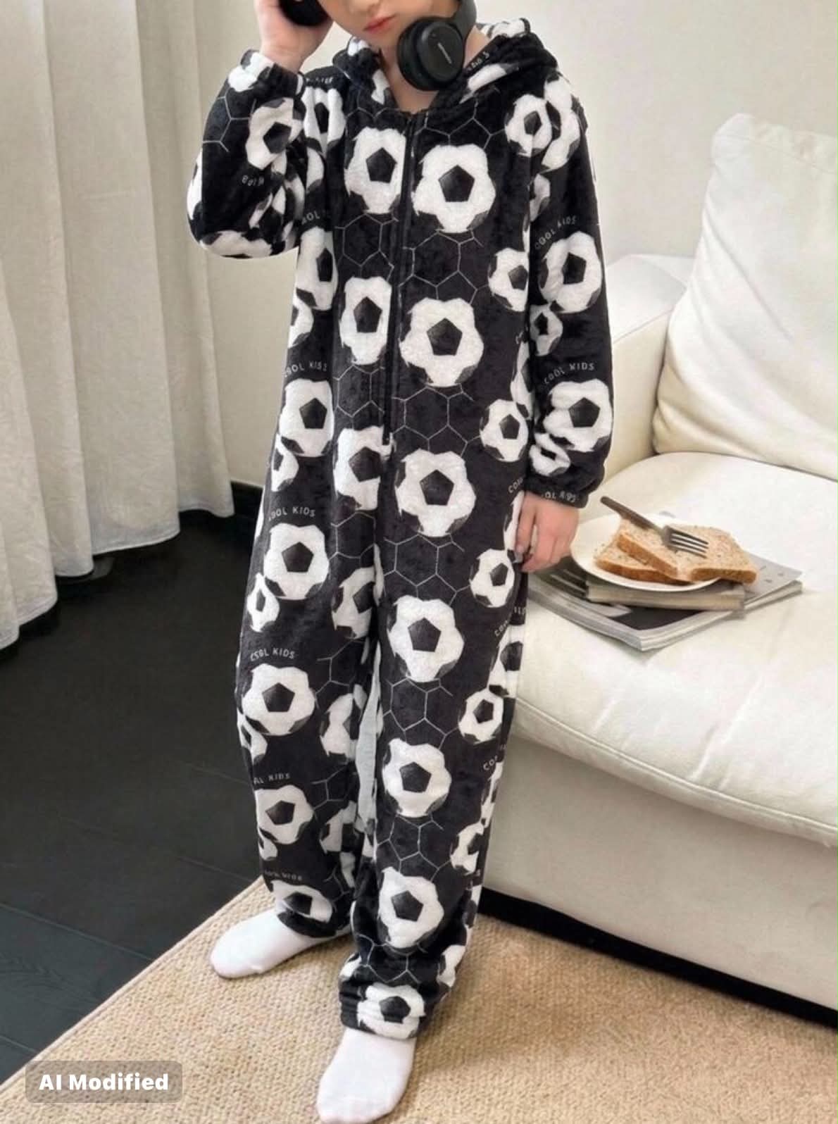 Kids Tween Boy Autumn/Winter Pattern Hooded Long Sleeve Kangaroo Pocket Fleece Long Pajamas