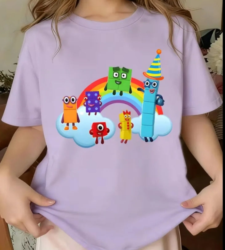 Numberblos Cartoon Character Birthday Party Themed Print Tee with Rainbow Cloud Background, Cute Block-Shaped