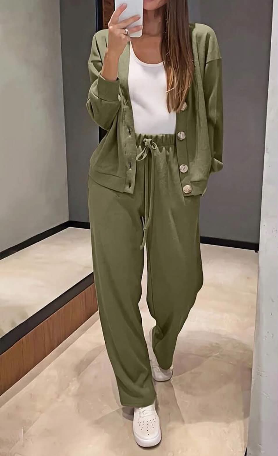 2pcs Women Casual Knit Cardigan Jacket And Drawstring Pants Set Spring Elegant
