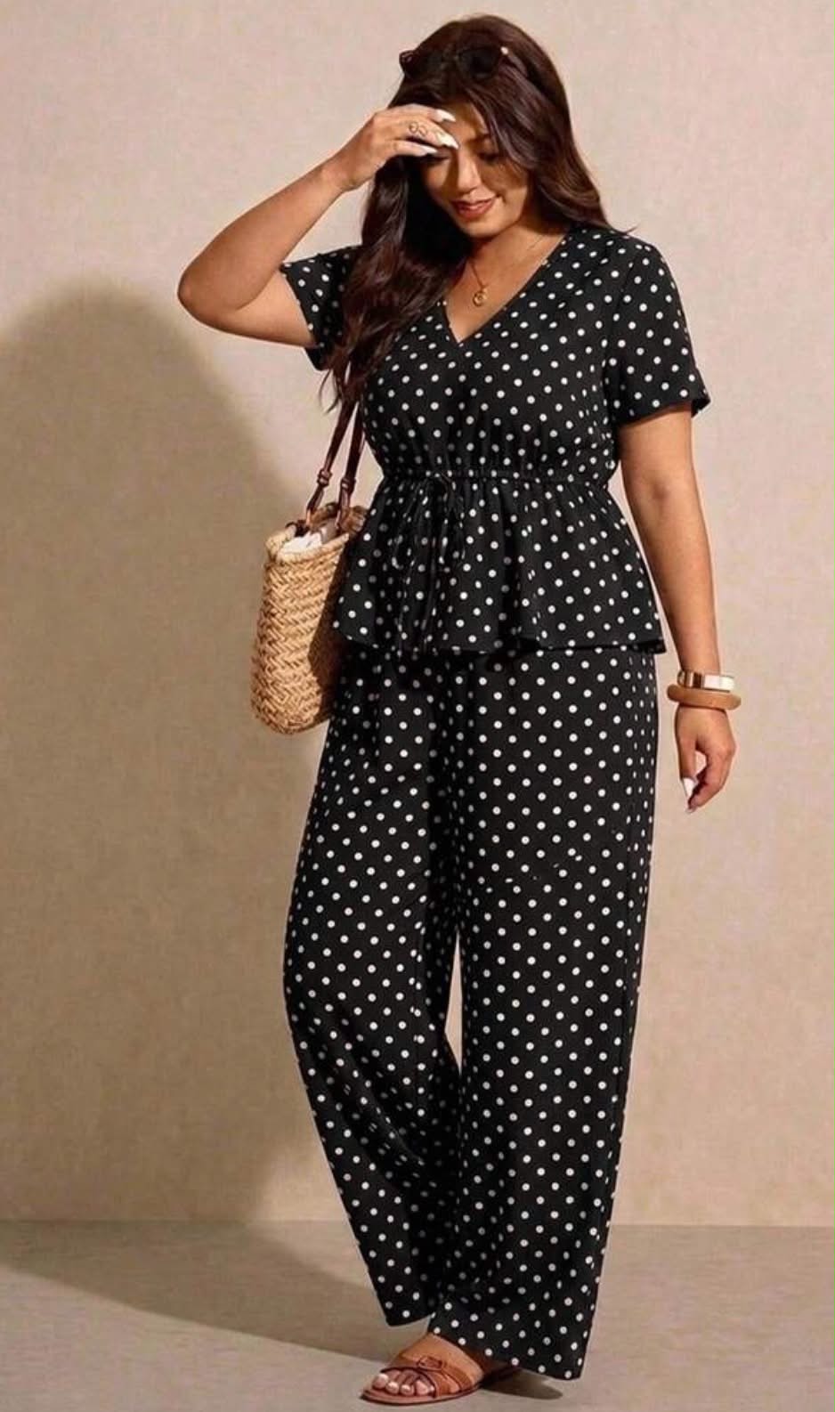 Plus Size Polka Dot Print Drawstring Tie Short Sleeve Top And Loose Long Pants Set