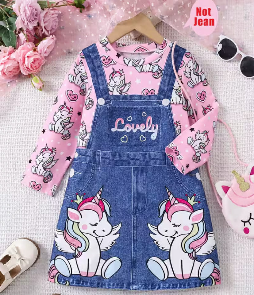 Cute Unicorn 3D Print Long Sleeve Dress with Faux Denim Effect - Round Neck, Knit Fabric,