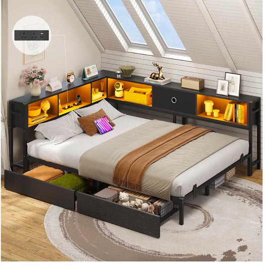 DICTAC 5ft King Size Bed 150x200 with 2 Storage Drawers, King Storage bed with LED Lights & Charging Station, Day Bed with Storage, Black LED Corner Bed – Space-Saving King Bed Frame, Modern